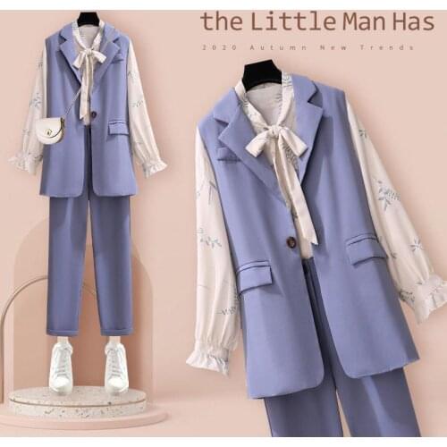 Three-piece Classic Blazer Single Button Sleeveless Vest Jacket Long Pants Long Sleeve Shirt Women Elegant Office Suit