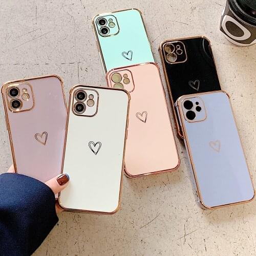 Electroplating Phone Case Bumper For iPhone 11 12 Pro Max Mini XR X XS 7 8 Plus SE ins Love Heart Soft TPU Shockproof Back Cover