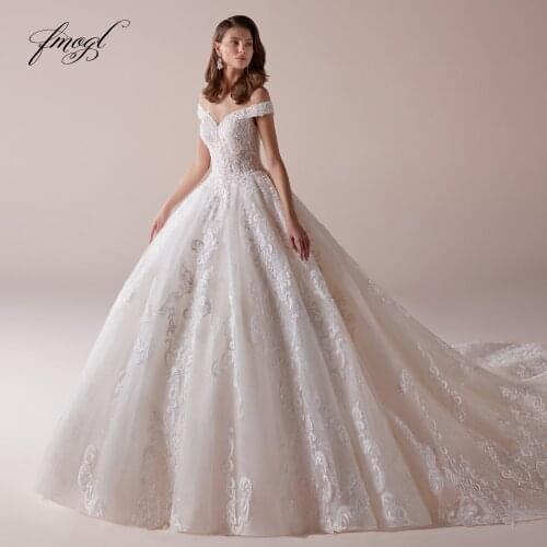 Fmogl Luxury Boat Neck Lace Ball Gown Wedding Dresses 2020 Elegant Appliques Beaded Chapel Train Vintage Princess Bridal Gowns