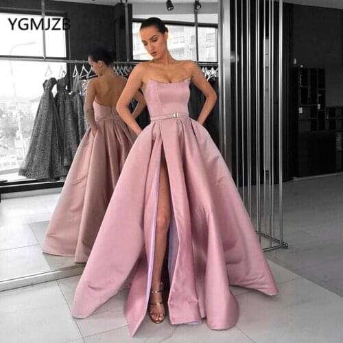 Pink Bridesmaid Dresses with Pockets High Split Strapless Satin Elegant Burgundy Arabic Women Long Formal Party Gowns