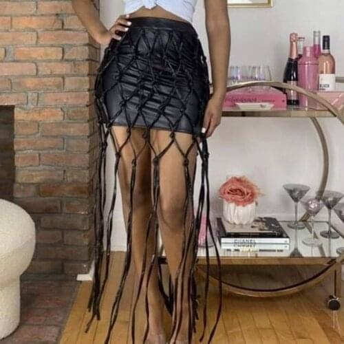 Sexy Fringed Short Skirts Spring Summer Fashion Retro Women Mesh Woven PU Leather Skirt Party Club Bar Mini Short Bodycon 2021