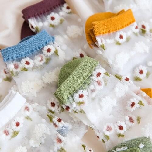 SP&CITY Kawaii Childrens Socks Floral Embroidery Womens Transparent Socks Glass Silk Breathable Nylon Socks For Lolita Girl