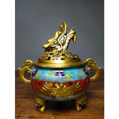 7" Tibet Buddhism Old Bronze Cloisonne Enamel Dragon head statue incense burner Binaural and tripod Incense Town House Exorcism