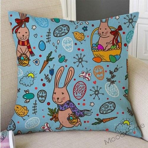 Happy Spring Easter Day Cute Cartoon Easter Bunny Rabbit Baby Room Decoration Sofa Pillow Cover Kids Green Linen Cushion Cover