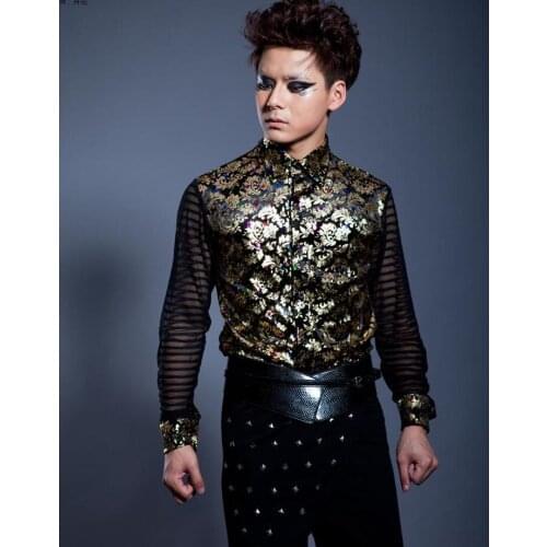 Vintage fashion punk slim shirt men long sleeve floral print shirt mens teenage korean shirt mens personality stage singer dance