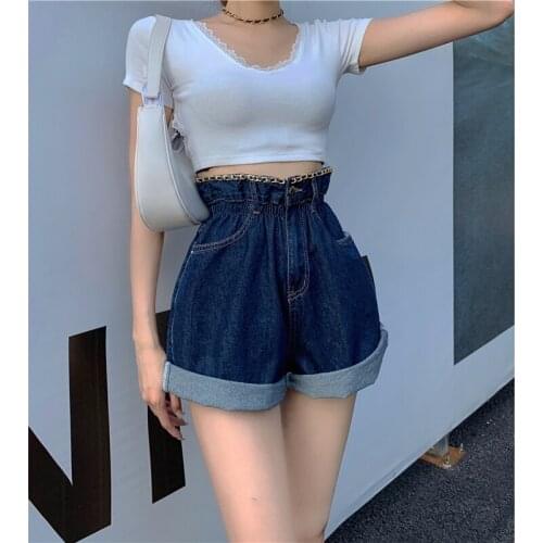 High Waist Chain Denim Bud Shorts Loose Wide Leg Blue Curling Short Jeans Summer 2021 Y2K Elastic Waist Pockets Bottoms 0135