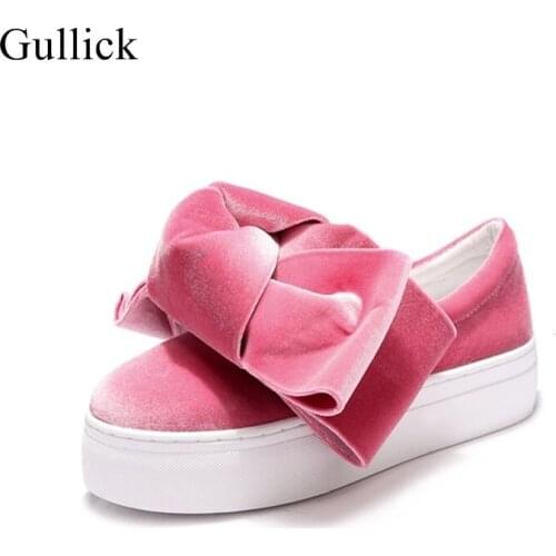 Hot Selling Velvet Flat Shoes for Woman 2018 Big Butterfly-knot Casual Shoes Slip-on Loafers Flat Platform Shoes Pink Black