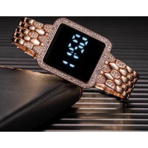 2021 Womens Digital Watches Fashion LED Touch Watch Women Men Luxury Crystal Rose Gold Square Dial Sport Wristwatch Reloj Mujer