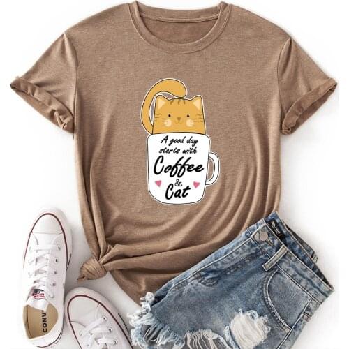Woman Short Sleeve Colored Graphic Tees Summer T-Shirt Female Tops Shirts for Women A Good Day Starts with Coffee and Cat