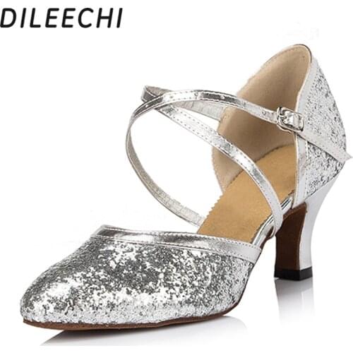 DILEECHI Womens dance shoes pink paillette ballroom dancing shoes Latin dance shoes adult dance shoes soft outsole