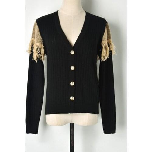 V-neck Long Sleeve Casual Slim Knitted Cardigan Jumper 2018 Autumn Metal Buttons Tassel Patchwork Women Sweater Pull Femme