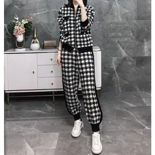 Women Fall Knit Sweatshirts Suit Knitted Tracksuit Houndstooth Black 2 Piece Set Zipper Plaid Cardigan Coats Pants Two Piece Set