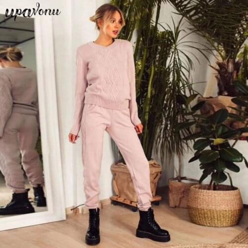 2020 Autumn Women Sweater Two Piece Knitted Sets Jacquard Tracksuit Chic Pullover Crewneck Long Sleeve Top& Slim Trousers Pants