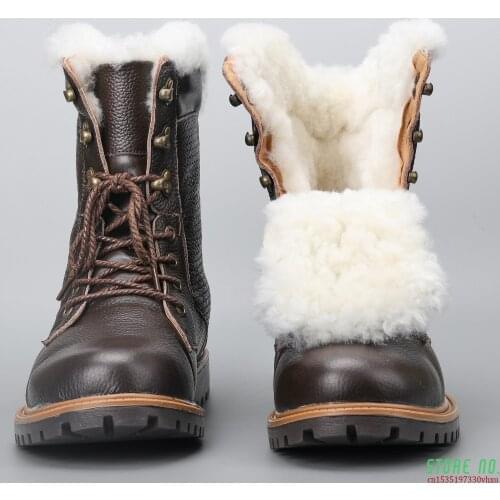 Natural Wool Winter Boots Warmest Handmade Men Winter Shoes Genuine Leather Snow Boots #YM1568