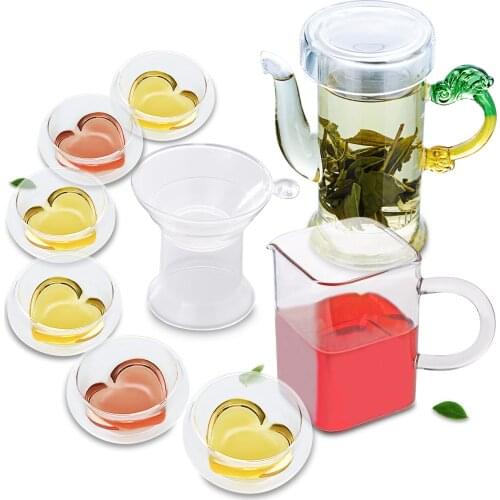 1x 9in1 Kung fu Coffee Tea Set+220ml Dragon Handle Ear Glass Flower Tea Pot +Strainer+ Pitcher +6 Heart Double Wall Cup