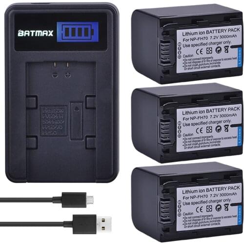 3Pcs 3000mAh NP-FH70 NP FH70 Battery +LCD USB Charger for Sony DCR-DVD405 407E 408 410E 450 602E 650E DCR-SR85 HDR-HC9 UX20 SR12