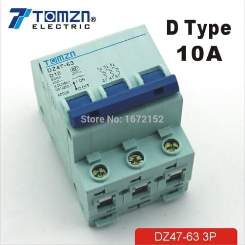 3P 10A D type 240V/415V Circuit breaker MCB 4 POLES