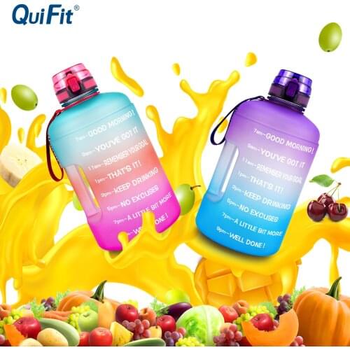 QuiFit 128oz 73oz 43oz 1 Gallon Water Bottle With Time Markings Filter Net Fruit Infuse BPA Free Motivational Sports Drink Jug