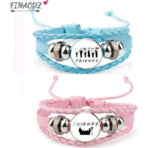 FIMAODZ Classic Friends TV Show Bracelet for Men Women Friendship Gift Glass Gem Charm Blue Pink Leather Bracelets Jewelry