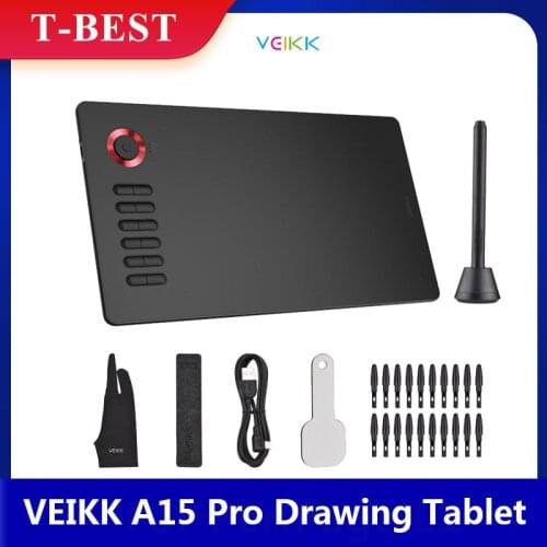 VEIKK A15 Pro Graphic Drawing Tablet with 8192 Sensitivity Battery-free Pen 12 Hotkeys & Functional Dial 10x6Inch 250RPS 5080LPI