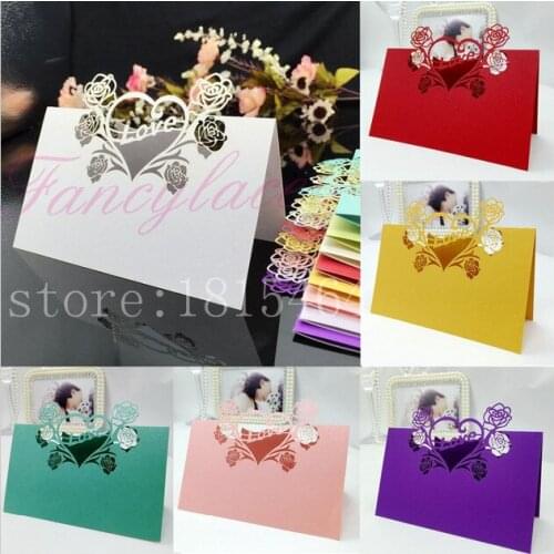 50pcs Rose with Heart Sweets Name Place Cards Table Cards Laser Cut Hollow Card Invitation Card Wedding Decoration Free Shipping