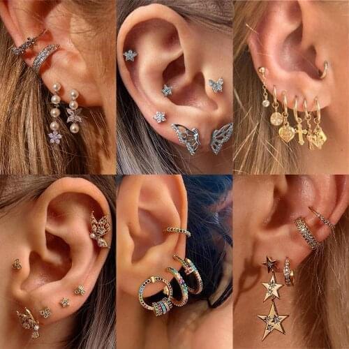 Boho Pearl Gold Crystal Earrings Set Women Heart Moon Star Cross Snowflake Female Earring Set Vintage Fashion Jewelry 2020 Trend