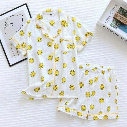 Summer New Style Cotton Gauze Short-sleeved Shorts Casual Loose Pajamas Suit Smiley Face Printing Thin Section Home Wear Women