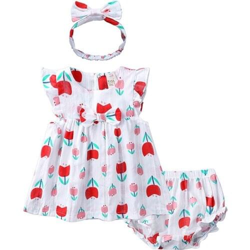 Summer Baby Girl Dresses Strawberry Dress Hairband Briefs 3pc/set Casual Outfit Children Princess Baby Girls Clothes Sets Floral