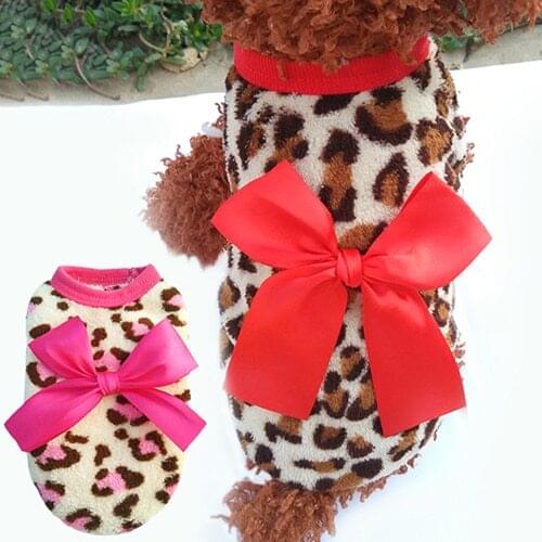 Hot! Pet Dog Cat Leopard Bowknot Clothes Coral Fleece Puppy Clothes Apparel Costume