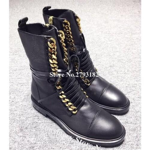 Top Brand Design Women Winter Round Toe Gold Silver Chains Decorated Flat Short Boots Lace-up Black Leather Ankle Booties