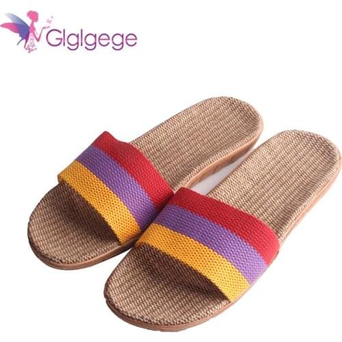 2019 Sale Linen Slipper Lover Summer Style Floor Nonslip Breathable Indoor Slippers Women Shoes Flax Striped Bedroom Shoes