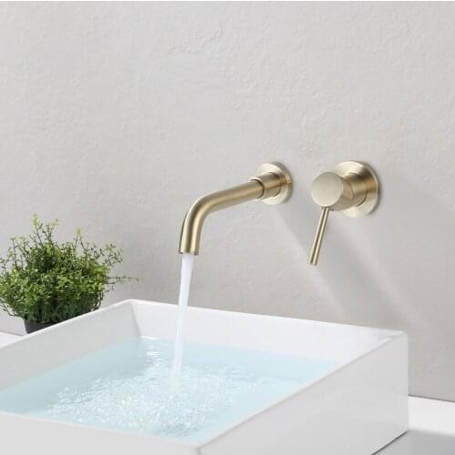 Basin Tap Wall Mounted Bathroom Basin Sink Faucet Solid Brass Hot & Cold Mixer Consealed sink tap brush gold