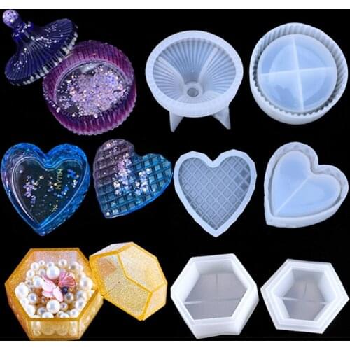 2021 New DIY Crystal Epoxy 3 Style Storage Box Mold Set Heart Shaped Hexagonal Round Stripe Silicone Mold Jewelry Tools