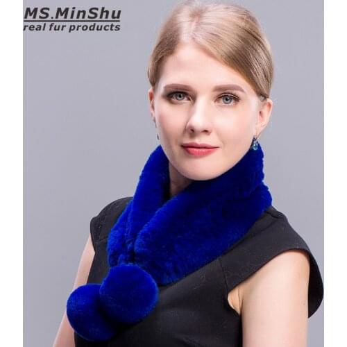 MS.MinShu Knit Rex Rabbit Fur Scarf Woven Real Fur Collar Scarf Fashion Neck Warmer Women winter Fur Shawl Winter Female Scarf
