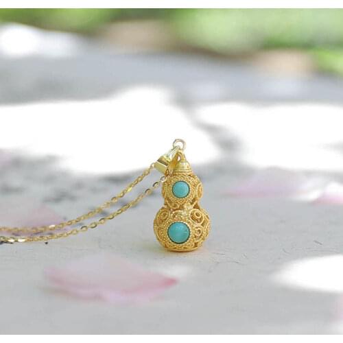 SNew silver inlaid natural turquoise hollow gourd Pendant Necklace with Chinese unique ancient gold craft charm womens jewelry