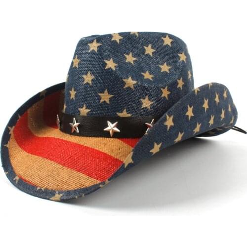 USA Flag Women Men Straw Cowboy Hat For Men Western Sombrero Hombre Cowgirl Jazz Caps Size 58CM