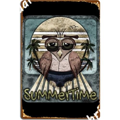 Owl On The Beach With Palms Trees On Retro Tin Sign With The Lettering Summertime Metal Sign Plates Cave Pub Funny