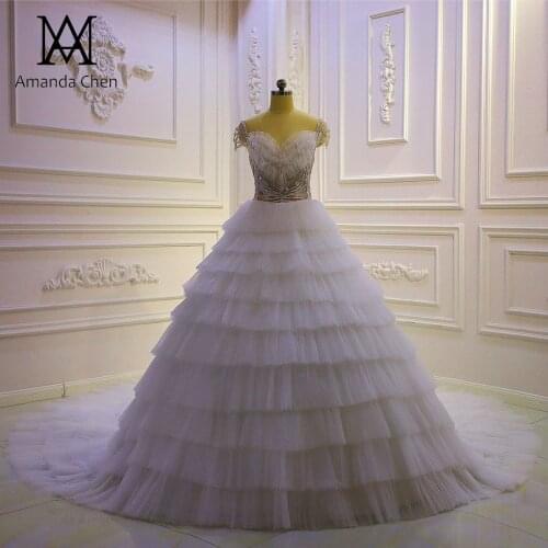 Robe de mariee 2020 Cap Sleeve Crystal Ruffle Tiered Wedding Dress
