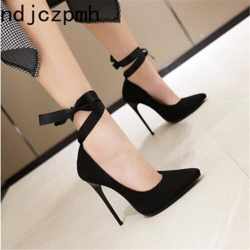 Pumps Spring and Autumn The New Sexy Fashion Pointed Shallow Mouth Lace Up Bow Fine Heel High Heel Womens Shoes Plus Size 34-48