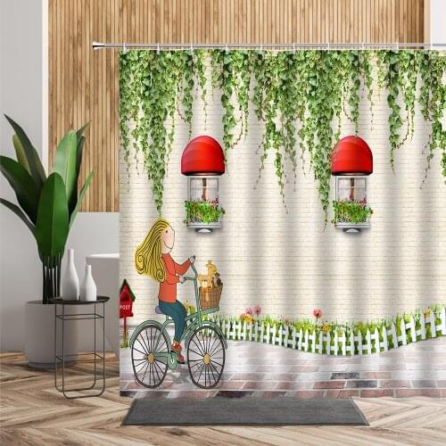 Rural Scenery Shower Curtain Cycling Girl Garden Background Bathroom Decoration Waterproof Bath Curtains Set With Hook Polyester