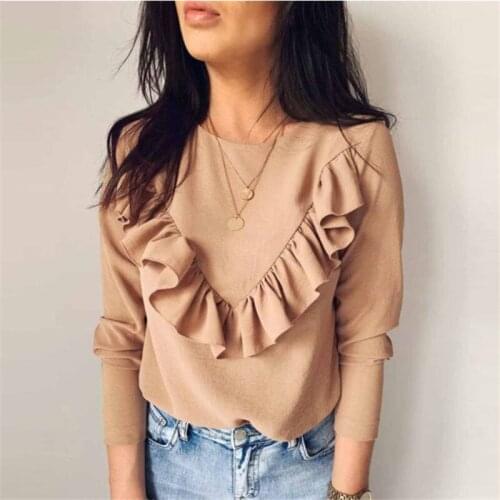 Women Ruffles Blouse Autumn Winter O Neck Casual Solid Shirts New Fashion Plus Size Woman Office Tops White Black Khaki