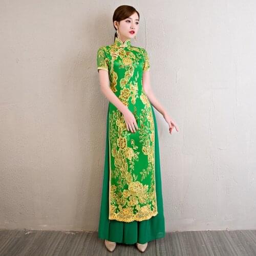 Short Sleeve Long Cheongsam Dress for Women Slim Modern Qipao Dress Sexy Chinese Traditional Oriental Evening Party Dress