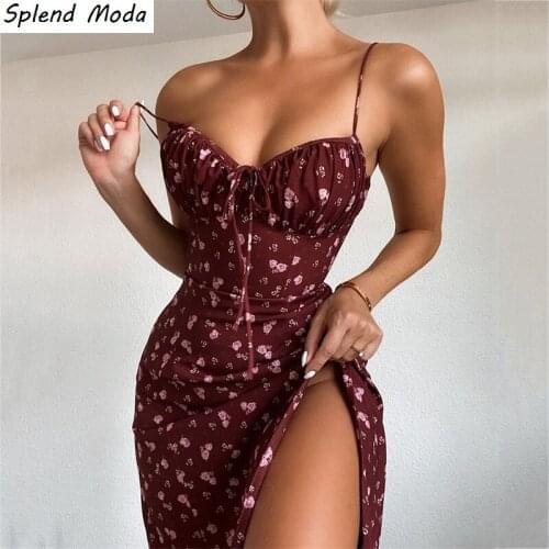 2021 New Wine Floral Chic Dress Women Prairie Spaghetti Straps Backless Chest Wrapping Lace Up Side Split Sexy Long Summer Dress