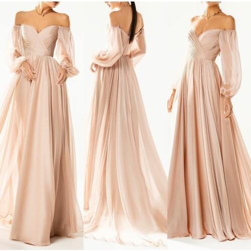 Vintage Long Sleeve Pleated V-Neck Evening Dresses with Pockets Corset Back Chiffon Abendkleider Robes De Soirée for Women