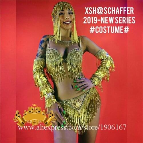 Gold Nightclub Sexy Lady Dance Bikini Suit Clothes Halloween Christmas Ballroom Costumes Party Event Performance Stage Dress
