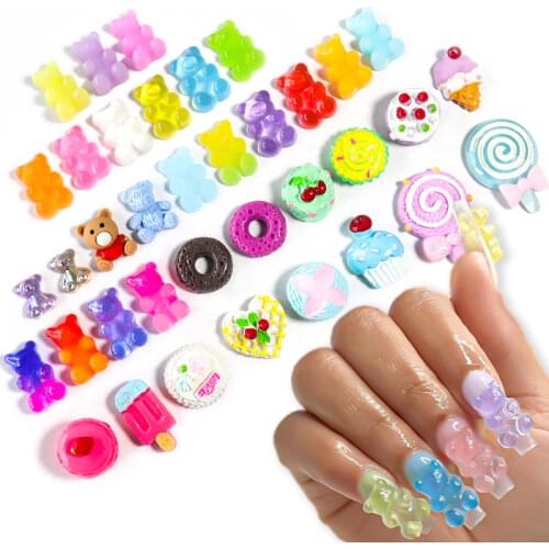 10Pcs/Lot Kawaii Nails With Charms Jelly Gummy Bear Happy Flower Sweet Candy 3D Nail Art Decoration Charms Luxury Accessories