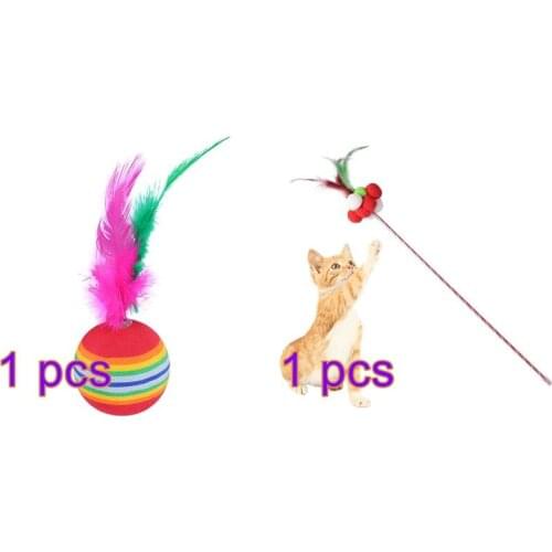 2pcs Cat Toy Christmas Cat Teaser Interactive Pompom Faux Feather Cat Wand with Cat Toy Ball Feather Funny Toys for Cats