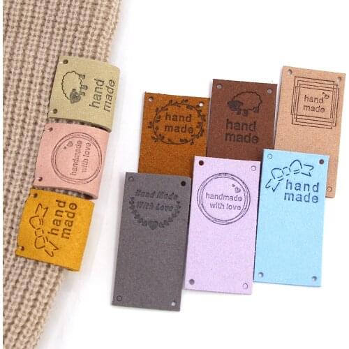 20Pcs Handmade Labels 6Style Sheep Heart Bow Tags Fiber Leather Labels Hand Made With Love Tag For Clothes Sewing Accessories