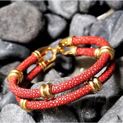 Beichong Fashion 5mm red Stingray Leather Bracelet with Silver Stainless Steel Round Circle Bangle Leather Bracelet watch