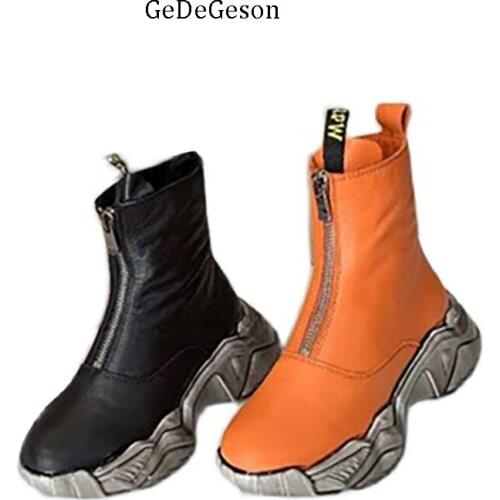 Brand Leisure Sport Shoes Women Fashion Wearing High-End Genuine Cowhide Solid Front Zipper Boots Ladies